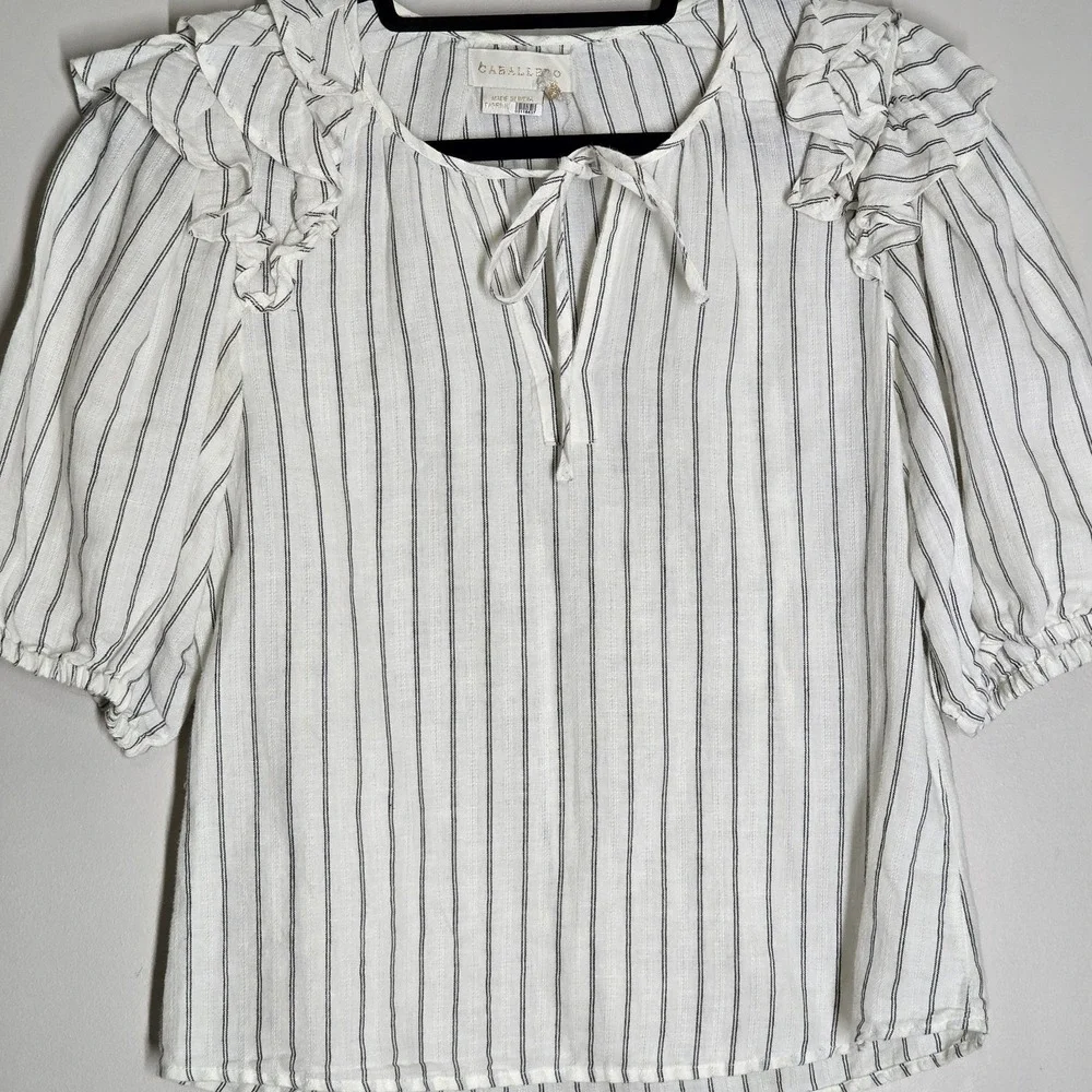 Caballero Anthropologie Cloe Peasant Blouse Boho Romantic Striped Puff Sleeve XS